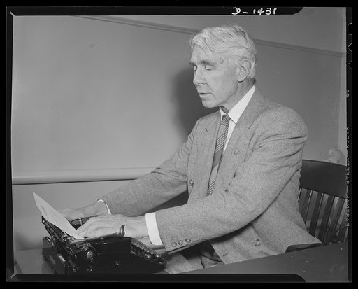 Poet and historian turns to films. Carl Sandburg is shown here as he was writing the commentary for "Bomber," nation defense motion picture just completed by the Office of Emergency Management  (OEM) film unit. Mr. Sandburg is famous as the Pulitizer prize winning author of "The War Years", monument