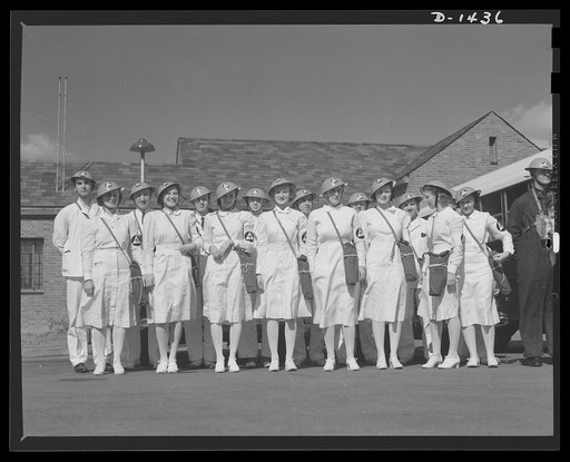 Civilian protection. Nurses' aides and medical corps personnel turn out for drill. These two groups make up the personnel of stretcher bearers, first aid squads, casualty clearance stations, and first aid posts. Both are also assigned to hospital work in a rigorous course of training and hospital ex