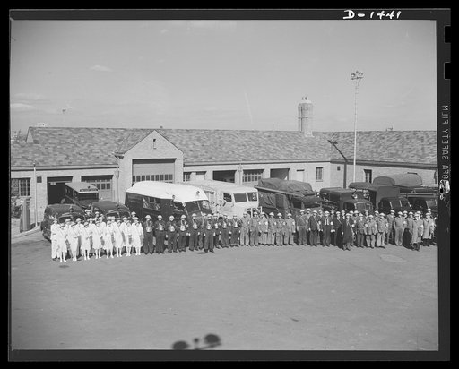Civilian protection. Members of the New York defense forces turn out for drill and demonstration with their rolling equipment. From left to right: nurses' aides and medical personnel,  rescue squad, decontamination squad, demolition and clearance crews