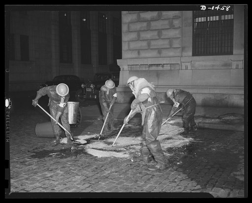 Civilian protection. The spots of liquid vesicant must be neutralized with chloride of lime thoroughly scrubbed into the cracks of the pavement and the walks and surrounding area. Otherwise the area will cause casualties for days or weeks