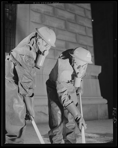 Civilian protection. Every square inch of the body must be well protected by impermeable or impregnated clothing to enable the decontamination worker to closely appraoch liquid vesicant gas. Later, the clothing must be carefully removed by a helper himself dressed in gasproof clothing and decontamin