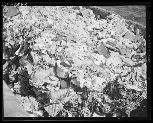 Waste paper. Waste is an American characteristic. For too many years we have simply thrown things out when we were through with them, without a thought that they might be reused. Here on this garbage scow carrying rubbish for disposal is a huge stock of waster paper, so vitally needed today for conv