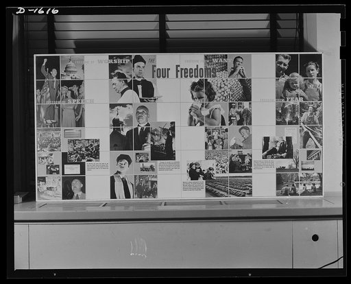 The four freedoms. The panel is part of an exhibit prepared for the Office of War Information by Jean Carlu, eminent poster artist. The actual size of the panel is 15 x 30 feet. Another montage of the same size, The Arsenal of Democracy, comprises a companion piece to "The Four Freedoms" panel and c