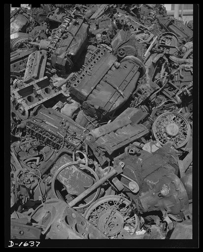 Jalopies for defense. Here are some of the parts stripped from junked automobiles in auto graveyards. These parts were removed from cars before they were sent to a scrap iron dealer, who will process them and ship them out to steel mills. Some of these parts will be resold, but the vast majority, wh