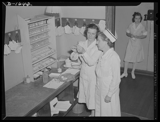 Thousands of retired professional nurses are patriotically returning to work for the duration of the present emergency to help relieve the acute shortage of graduate registered nurses. Before going on active duty, they are given refresher courses in latest hospital techniques as shown in the above p