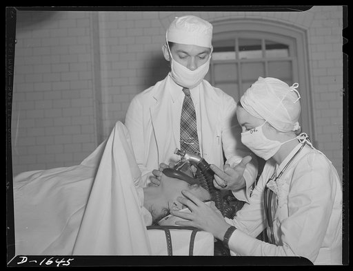 Graduate register nurse, above, receives instruction in technique of anesthesia from doctor. There is a great demand for more well qualified anesthetists at present
