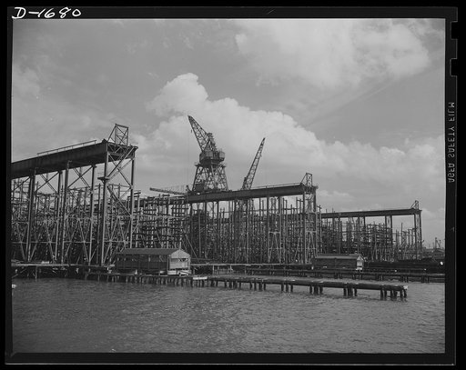 Shipbuilding (Newport News). Thousands of tons of lumber and steel are used in the construction of these ways, where American mechanical genius is employed in the production of ships for our two-ocean Navy
