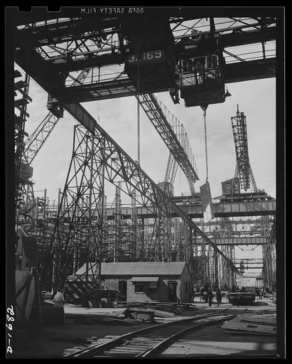 Shipbuilding (Newport News). Thousands of tons of lumber and steel are used in the construction of these ways, where American mechanical genius is employed in the production of ships for our new two-ocean Navy