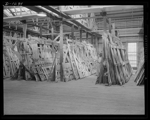 Shipbuilding (Newport News). This is the storage space in the moulding loft where the many templates for ships' parts are fashioned in wood. These patterns are then transferred to steel