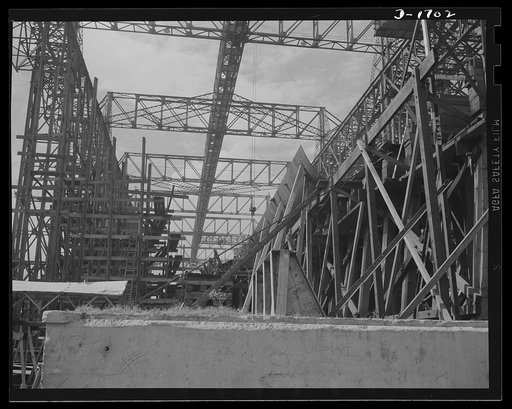 Shipbuilding (Newport News). Thousands of tons of lumber and steel are used in the construction of these ways, where American mechanical genius is employed in the production of ships for our new two-ocean Navy