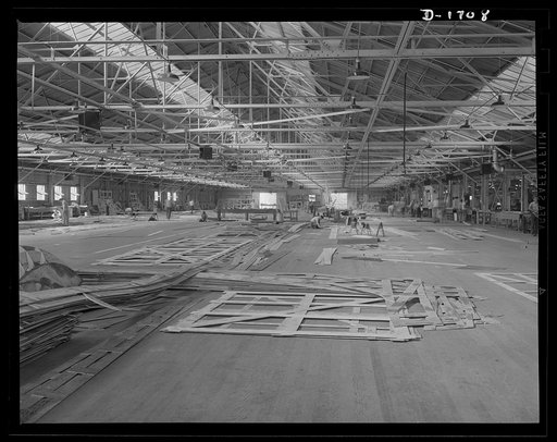 Shipbuilding (Newport News). This is the spacious mold loft, where patterns for ship's parts are fashioned in wood. These patterns are then transferred to steel