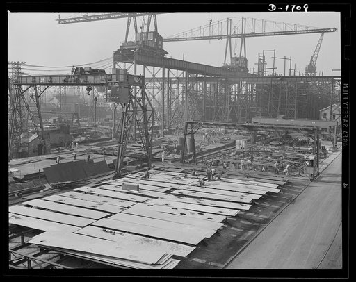Shipbuilding (Newport News). This is a structural section, where preliminary work is done before the sections for new vessels are brought by overhead carriers to the ways, where they will become part of the assembled ship