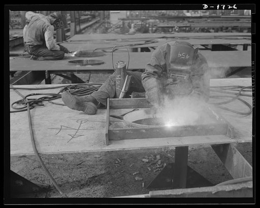 Shipbuilding (Newport News). One of the major advances in shipbuilding during the past two decades has been the substitution of welding for rivets in a number of vital sections of warcraft. Welding means much less weight and much less steel for each ship. This is one of hundreds of welders employed 