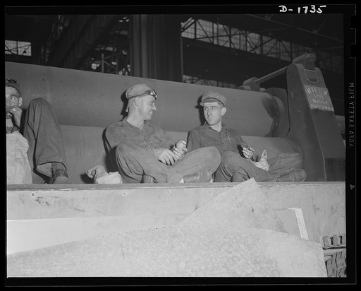 Shipbuilding (Norfolk Navy Yard). Time out for lunch, then back to work on ships for the defense of America. These are workers in the plate shop, where steel plate is fashioned for Uncle Sam's warcraft. There are several cafeterias on the grounds