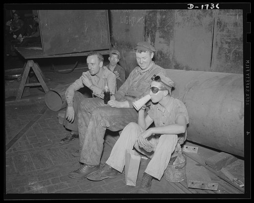 Shipbuilding (Norfolk Navy Yard). Time out to lunch, then back to work on ships for the defense of America. These are workers in the plate shop, where steel plate is fashioned for Uncle Sam's warcraft. There are several cafeterias on the grounds