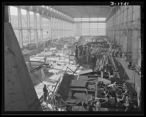 Shipbuilding (Norfolk Navy Yard). Hundreds of skilled workers are engaged in the welded shop. Welded jointures have many advantages over riveted fittings, and welders are sought in increasing quantities for work on Uncle Sam's growing battle fleet