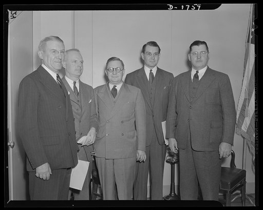 These five members of the National Defense Mediation Board were sitting for the first time on the board in October 31, 1941, when hearings began on the captive coal mine situation. They are, left to right: Frederick R. Fales, Frazier D. MacIver, George Googe, Attorney Francis W.H. Adams and William 