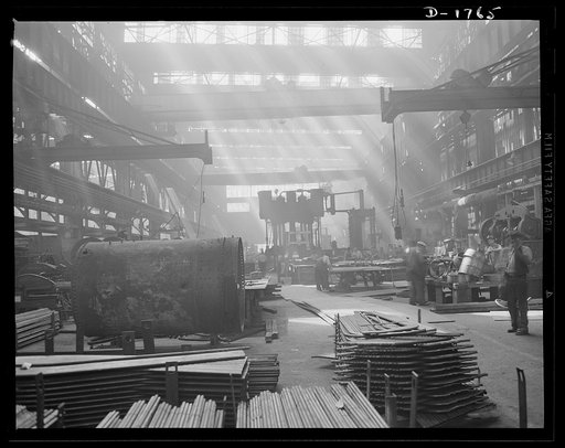 Shipbuilding (Norfolk Navy Yard). This is one of the huge machine shops, where many of the 26,000 workers in the yard fashion metal parts for the ships under construction for the Navy
