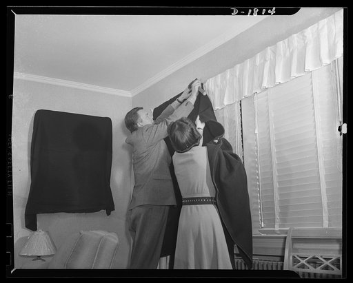 Air raid protection--what to do in your home. It is important to make your window lightproof. Emergency window coverings for blackouts do not have to be black in color--just heavy or thick enough to keep light from shining through. Be sure, however, that it is big enough to cover the window with a g