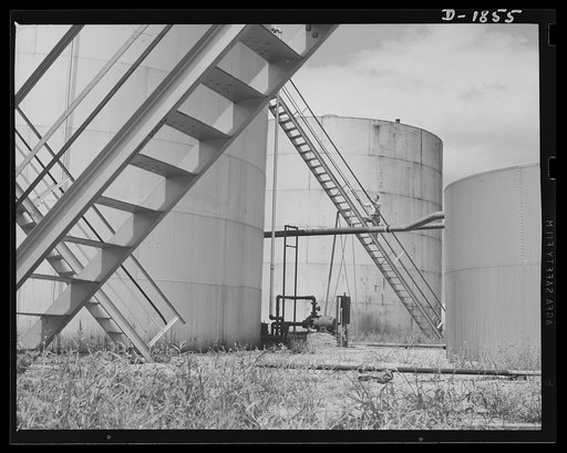 Oil. Oil for the armies of democracy is stored in these huge tanks at the McKean plant of the Quaker State Refining Company, Bradford, Pennsylvania. This company refines much high-quality lubricating oil for the military machinery of the Army and Navy