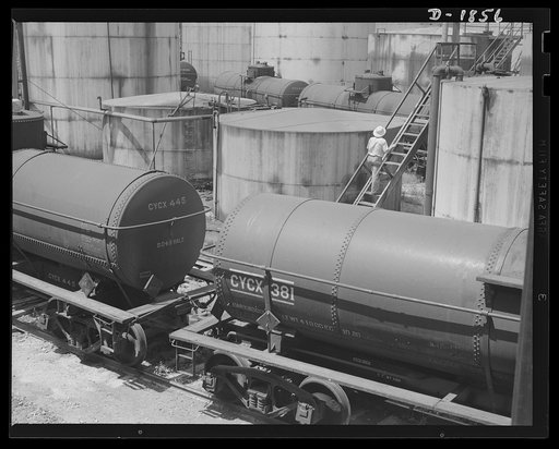 Oil. Oil for the armies of democracy is stored in these huge tanks at the McKean plant of the Quaker State Refining Company, Bradford, Pennsylvania. This company refines much high-quality lubricating oil for the military machinery of the Army and Navy