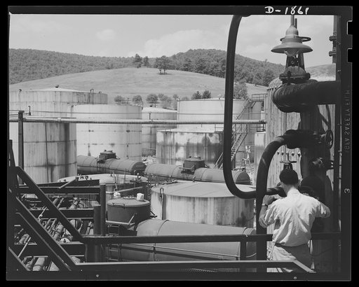 Oil. Oil for the armies of democracy is stored in these huge tanks at the McKean plant of the Quaker State Refining Company, Bradford, Pennsylvania. This company refines much high-quality lubricating oil for the military machinery of the Army and Navy