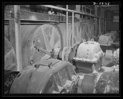 This battery of ball mills grinds to an extreme fineness the feldspar, white sand and clays which are the basic ingredients of all china. This operation takes twenty-four hours. Shenango Pottery Works, Newcastle, Pennsylvania