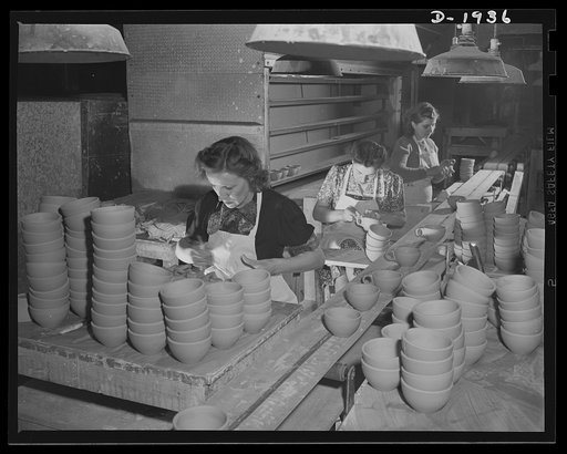 Sticking handles on coffee cups. Shenango Pottery Works, Newcastle, Pennsylvania