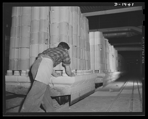 Car of ware placed in saggers ready to go into tunnel kiln. Shenango Pottery Works, Newcastle, Pennsylvania