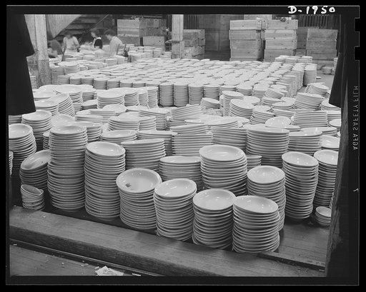 Part of 5,000 large oval serving dishes ready for shipment to the Army Quartermaster. Shenango Pottery Works, Newcastle, Pennsylvania