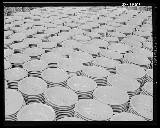 Part of 5,000 large oval serving dishes ready for shipment to the Army Quartermaster. Shenango Pottery Works, Newcastle, Pennsylvania