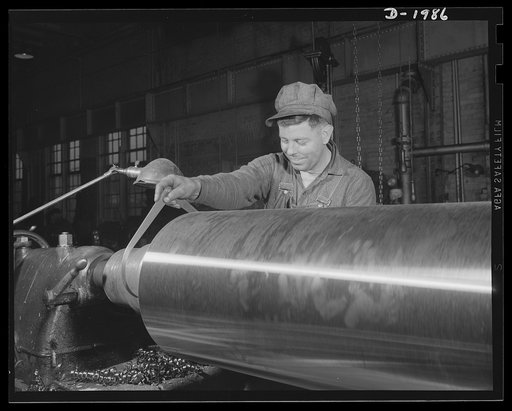 Steel mill equipment. Tanks! Ships! Guns! They all take steel and more steel. These highly skilled machinists are doing their part to expand and maintain America's steel production capacity. Heavy castings that will form the backbone of steel mill equipment are being machined in one of Pennsylvania'