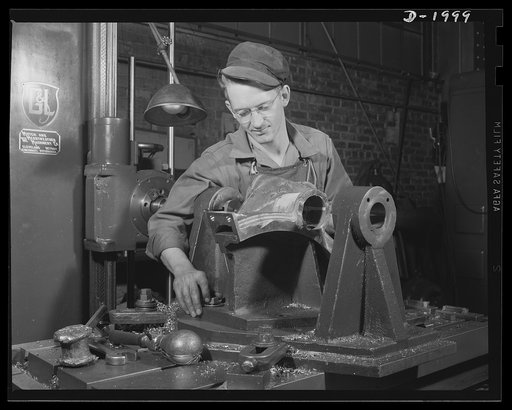 Antiaircraft gun carriage. A casting is machined for the traversing assembly of a thirty-seven millimeter antiaircraft gun carriage. The traversing assembly must be precision-made so that the gunner may follow his swiftly moving target with accuracy. War program production scene in a Pennsylvania he