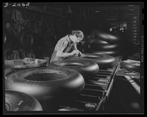 The woman's touch is final. Double-checked after painting, finished tires pass before this woman to make sure they are perfect, that the sidewall markings are correct and clear. Firestone(General) Tires, Akron, Ohio