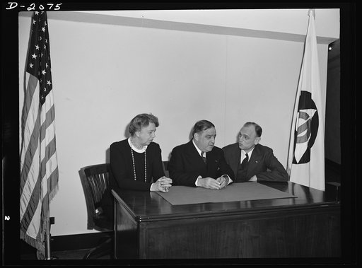 Director F.H. LaGuardia (center) and Mrs. Eleanor Roosevelt, assistant director of the Office of Civilian Defense with Dean James M. Landis (right) of the Harvard Law School on the occasion of his arrival in Washington to assume his new duties as in the Office of Civilian Defense
