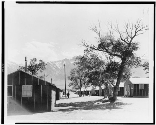 Japanese relocation, California. A view of the quarters at Manzanar, California, a War Relocation Authority Center where evacuees of Japanese ancestry will spend the duration. Mount Whitney, highest peak in the United States, is in the background