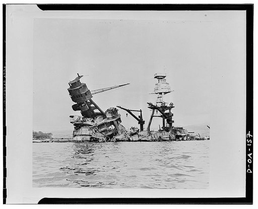 USS Arizona, at height of fire, following Japanese aerial attack on Pearl Harbor, Hawaii