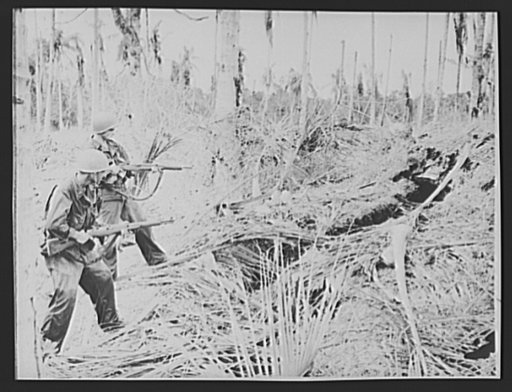 U.S. forces inflict heavy casualties on Japs in capture of Buna, New Guinea. Two American soldiers fire into a Japanese dugout before entering it for inspection during the Allied offensive that ended with the capture of Buna Mission, last Japanese point of resistence in the Papuan Peninsula. The Jap