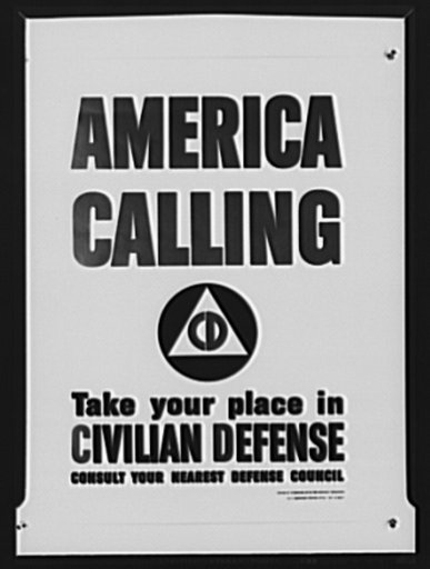 Civilian defense poster. There's a place for every American in the Civilian Defense program as proclaimed in the striking poster above, designed by Charles Tudor, and issued today in two colors by the Office of War Information (OWI). The poster emphasizes the basic emblem of the Office of Civilian D