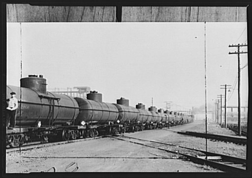Tank cars, vital link in wartime domestic oil transport; with railroads breaking all-time traffic records, they are still able to give valuable service in hauling the tank cars of the oil companies from Gulf Coast and Texas fields. But only a fraction of the required tank cars are available. Railroa