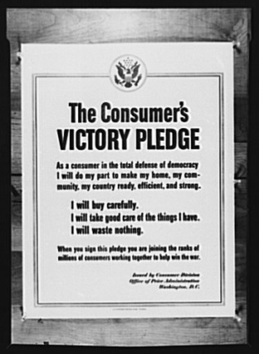 The victory on the household front. The above poster, designed by the Consumer Division of the Office of Price Administration (OPA) , is being used as part of the national campaign to conserve materials which are no longer available or have become scarce as a result of war conditions
