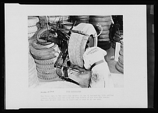 Tire retreading. The first step in the recapping process is one of inspection, with skilled workers checking over the side and body fabric of the tire for breaks. The life of this tire may be increased as much as eighty-five percent