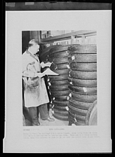 Tire retreading. Ready to keep èm rolling for a while longer, these newly recapped tires will be soon shipped out to perform new duty. Recapped in a large Eastern plant, they will deliver as much as eighty-five percent the normal wear of new tires