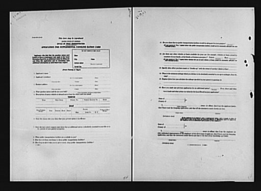 Application for supplementary gasoline ration card. This form must be completed by persons who find that the gasoline ration card issued to them is inadequate and who wish to provide for an additional supply