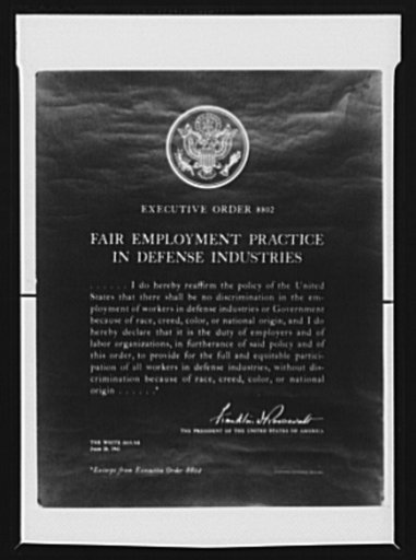 Fair employment practices in defense industries. A poster distributed by the OEM (Office of Emergency Management) Labor Division and the President's Committe on Fair Employment Practice to war plants and employment offices throughout the United States
