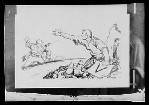 Sketch from "The Unconquered People." One of the illustrations from "The Unconquered People," a twelve page pamphlet published by the Office of War Information (OWI), Washington, D.C., describing the resistance to Hitler on the part of the people of the occupied countries of Europe