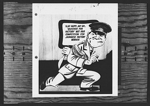War Production Board (WPB) poster. "Slap Happy Jap." This life-size figure of "Slap Happy Jap" has been created by the "Quicker for Victory" campaign of the labor-management committee in the Cleveland warehouse plant. He appears in different departments with varying messages to spur production