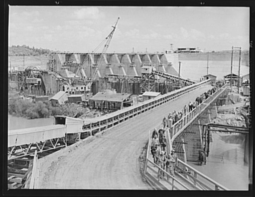 Tennessee Valley Authority power and conservation. Fort Loudoun Dam construction. General view of the progress of construction at the Fort Loudoun Dam, furthest upstream of the TVA's main Tennessee River projects. Scheduled for closure and first storage of water early in 1943, this dam will create a