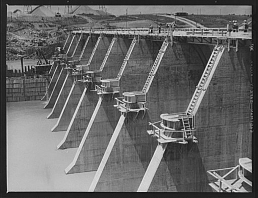 Tennessee Valley Authority power and conservation. Fort Loudoun Dam construction. The downstream face of the spillway of the new Fort Loudoun Dam. This dam is located further upstream than any of the TVA's main Tennessee River projects. Scheduled for closure and first storage of water early in 1943,