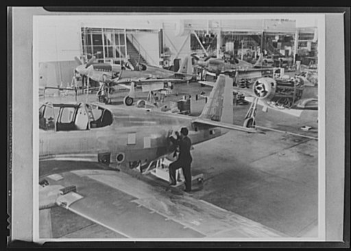 Production. P-51 ("Mustang) fighter planes. An inspector checks over the work done on a P-51 fighter before it moves to the next assembly position at North American's Inglewood, California, plant. This plant produces the battle-tested B-25 ("Billy Mitchell") bomber, used in General Doolittle's raid 